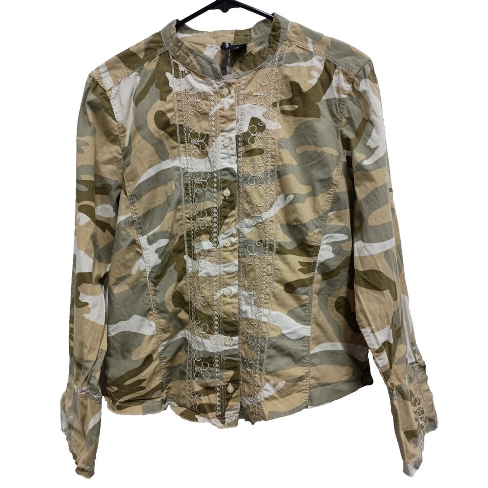 Vintage Y2K Mixit Womens Camo Shirt Large Olive Green Embroidered Long Sleeve